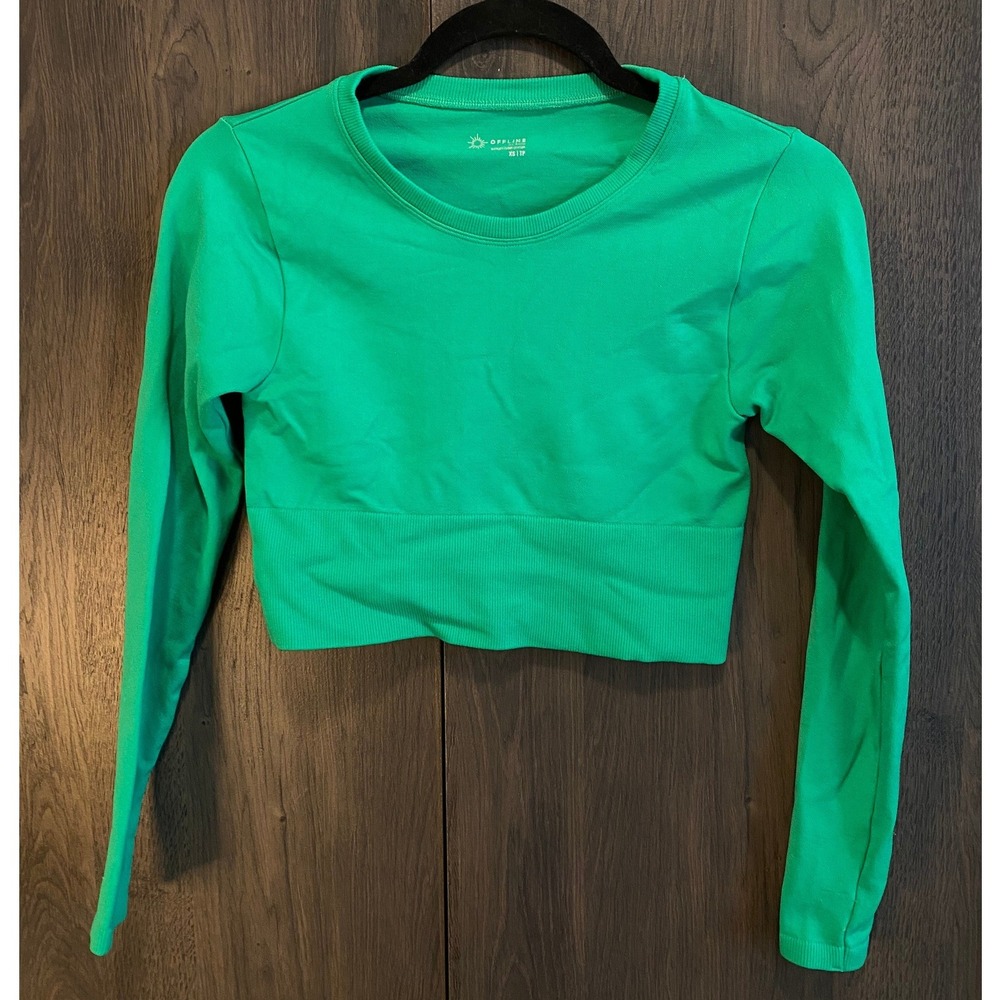 OFFLINE by Aerie Crop Top Womens XS Green Seamless Long Sleeve Activewear